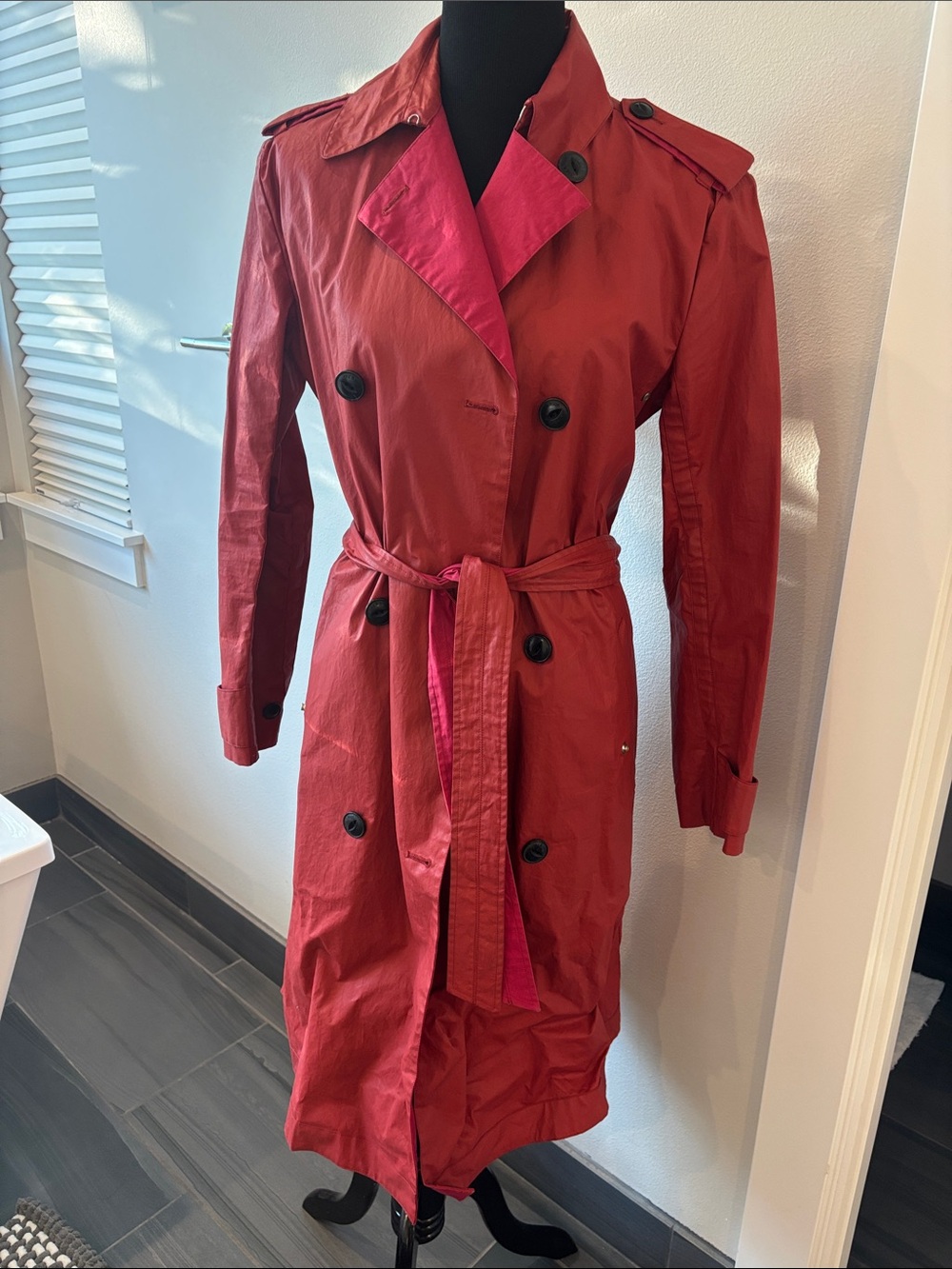rag & bone Red Double-Breasted Trench Coat with Belt- water resistant raincoat